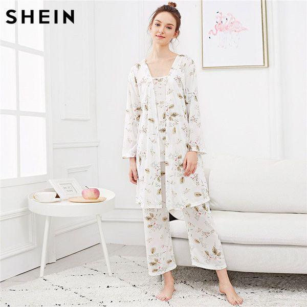 

shein white cami pajama set with robe female trousers of condole homewear grade three-piece robe gown sets, Black;red