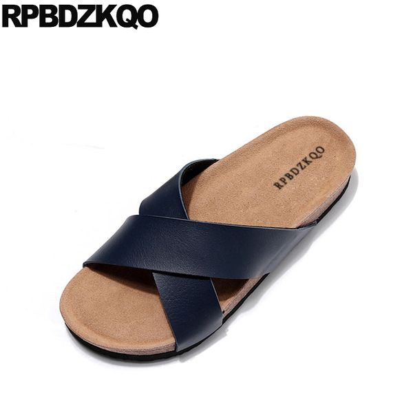 

size 45 slippers 2019 beach slides blue cork flat designer big fashion brown casual men sandals leather summer shoes outdoor 46, Black