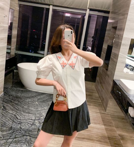 

2020 new women spring and summer shirt female jacket lapel temperament slim white shirt puff sleeve floral embroidery button t-shirt