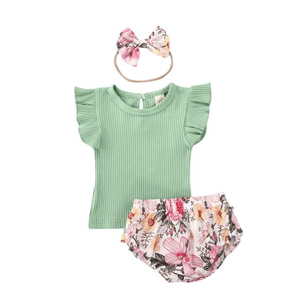 

летние baby girl одежда наборы новорожденного коротким рукавом bodysuit + bow цветочные шорты + повязка 3шт наряды 0-24м девочка, White