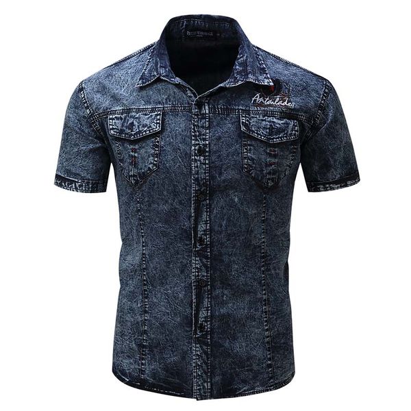 

mcikkny vintage men's denim shirt fashion slim fit tees summer short sleeves shirts for male y602, White;black