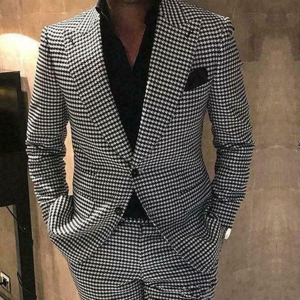 

men's suits & blazers houndstooth business men slim fit for man tuxedo groom wedding jacket blazer lapel 2 pcs pants trousers, White;black