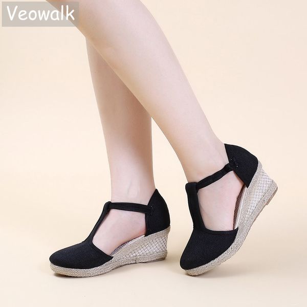 

veowalk bohemian women handmade linen cotton wedge espadrilles sandals t-strap summer comfortable high heel platforms shoes y200702, Black