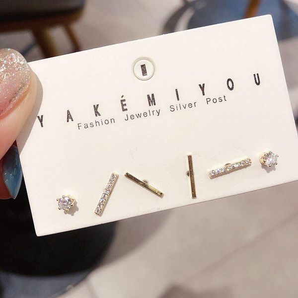 

korean style small geometric stick stud earrings set gold color mini cubic zirconia stone earrings for women, Golden;silver