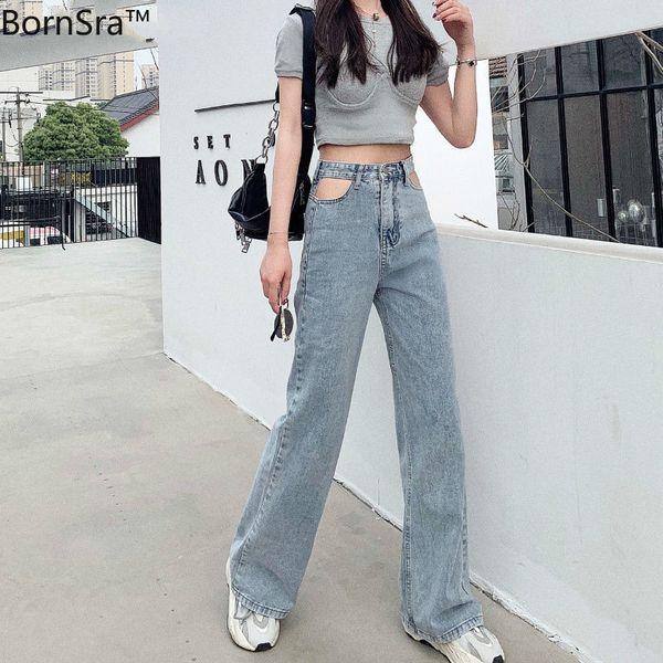 

bornsra ripped holes women jeans high waist women punk pencil denim pants vintage wide leg jeans 2020 streetwear, Blue