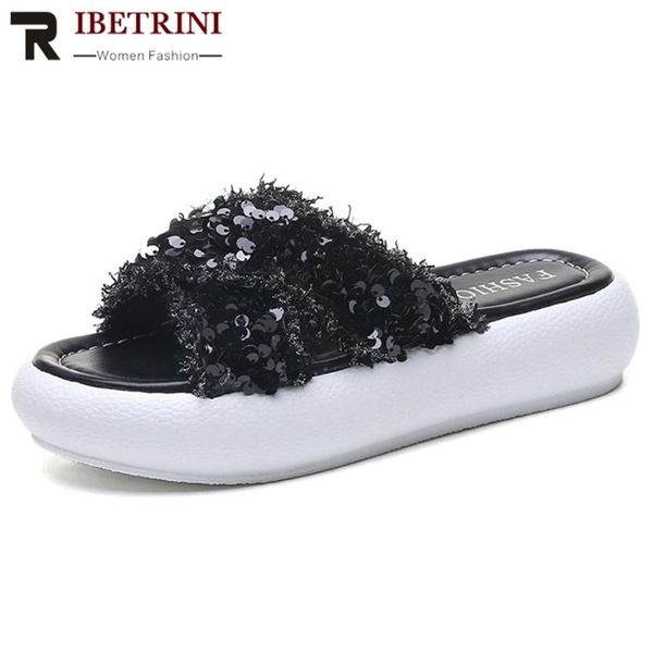 

ribetrini concise fashion summer bling platform shoes women daily casual slip-on slippers low wedges leisure slides, Black