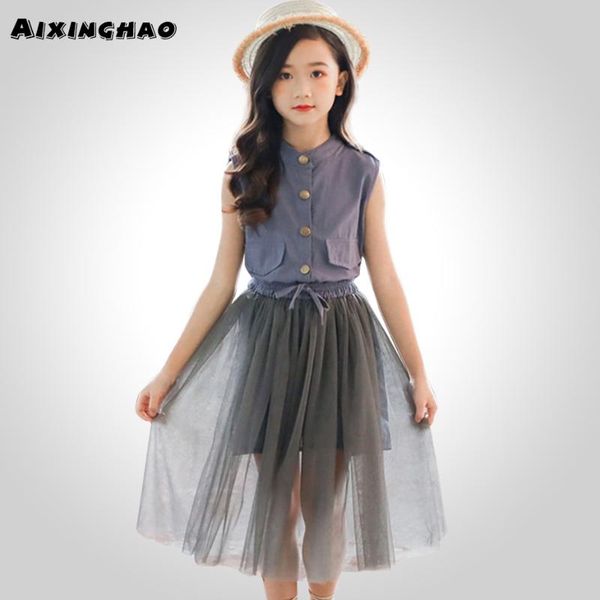 

kids summer clothes girls solid clothing for girls vest + mesh skirt big clothes teenage children's costume, White
