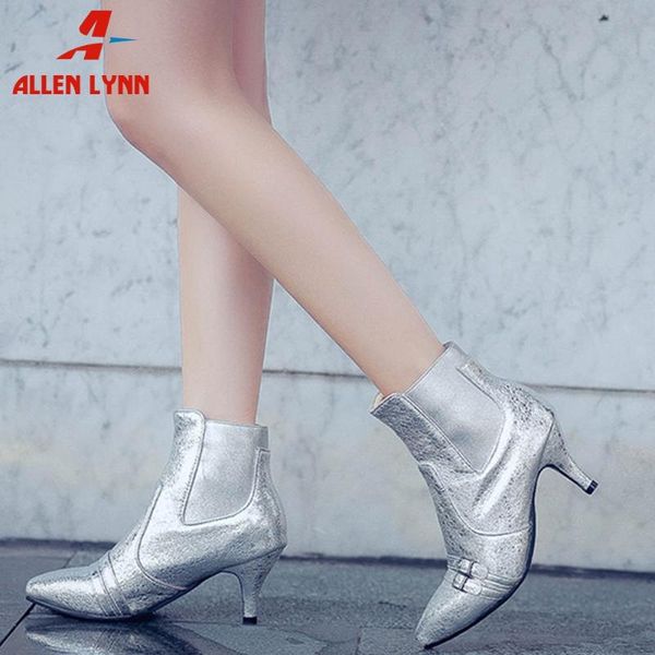 

allen ladies high heels shoes woman casual slip-on pointed toe boots women new plus size 48 metallic ankle boots, Black