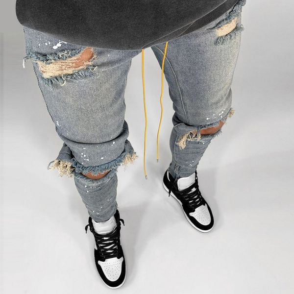 

men summer destroyed ripped jeans hip-hop high street broken hole skinny biker slim jeans vintage stretchy pants homme, Blue