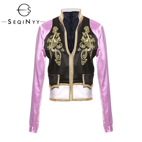 

seqinyy short jacket 2020 autumn spring new fashion design long sleeve golden embroidery flowers women slim top, Black;brown