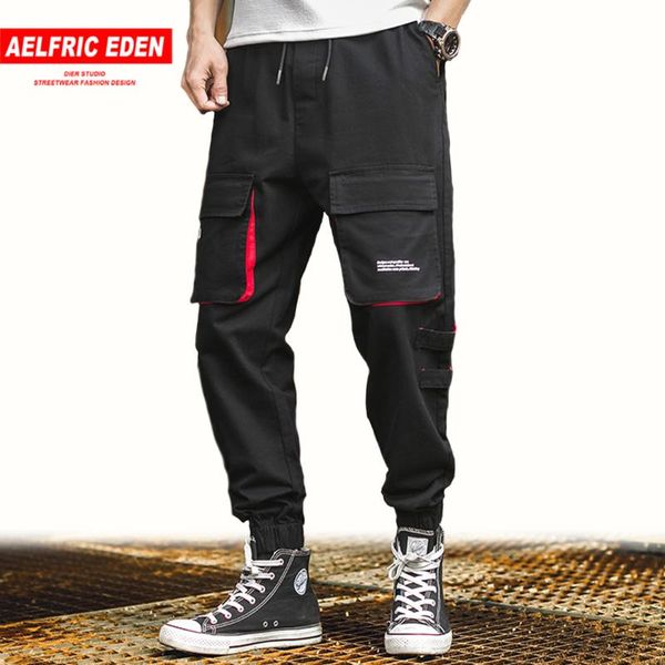 

aelfric eden fashion elastic waist multi-pockets harem trousers mens harajuku hip hop casual joggers male cargo pants streetwear, Black