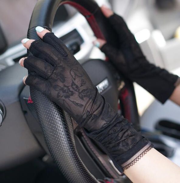 

women' spring summer thin sunscreen lace driving gloves female summer fingerless non-slip breathable riding gloves r834, Blue;gray