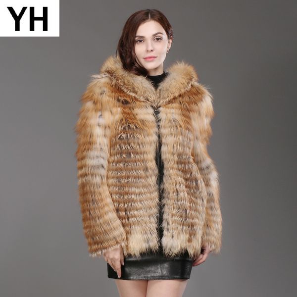 

women real red fur coats winter warm fashion hooded real red fur jacket striped style clothes, Black