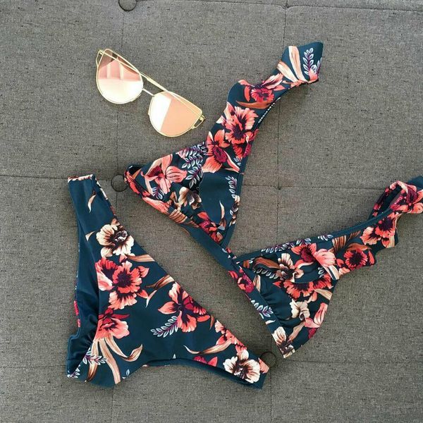 

two-pieces women floral push-up padded bra ruffles bandage bikini set triangle swimsuit swimwear bathing suit beachwear biquini
