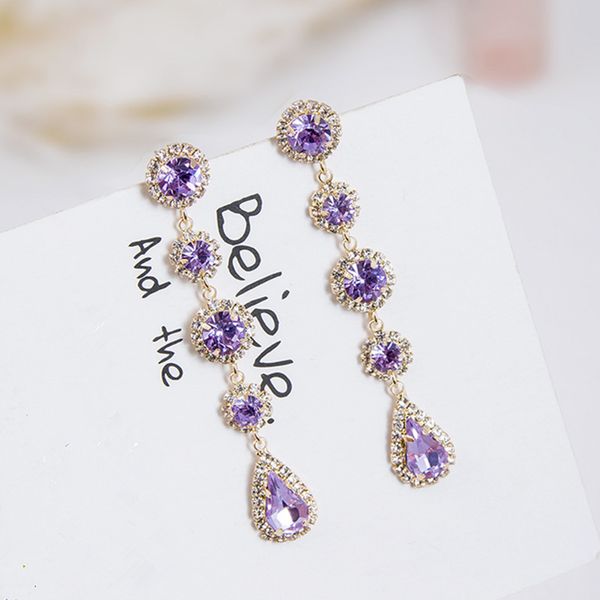 

new luxury charm purple round water drop full rhinestone long dangle earrings for women fashion boucle d'oreille femme 5a3020, Silver