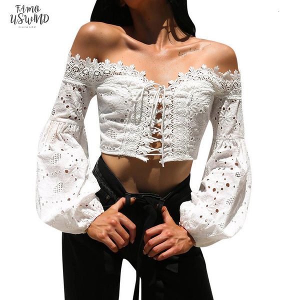 

shoulder beach t shirt 2020 summer bandage lace blusas long sleeve hollow out loose white t shirt drop shipping
