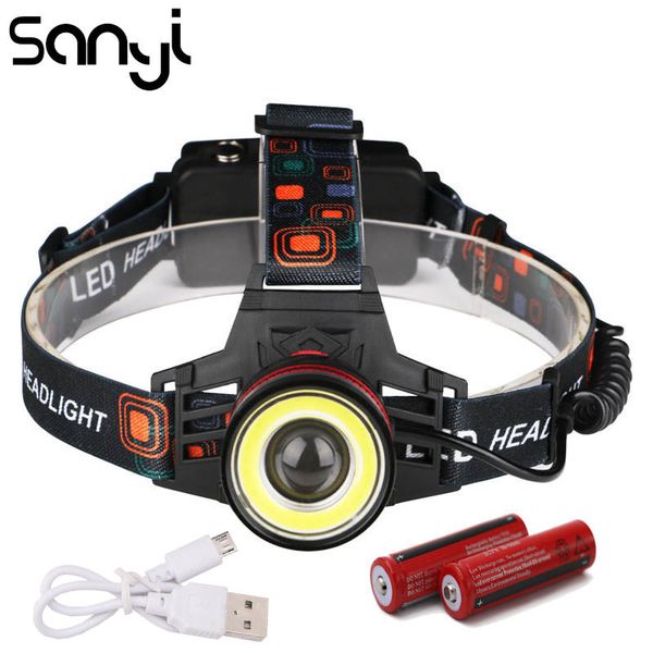 

sanyi t6 cob headlamp torch super bright usb rechargeable headlight led zoomable lamp camping hunting lighting