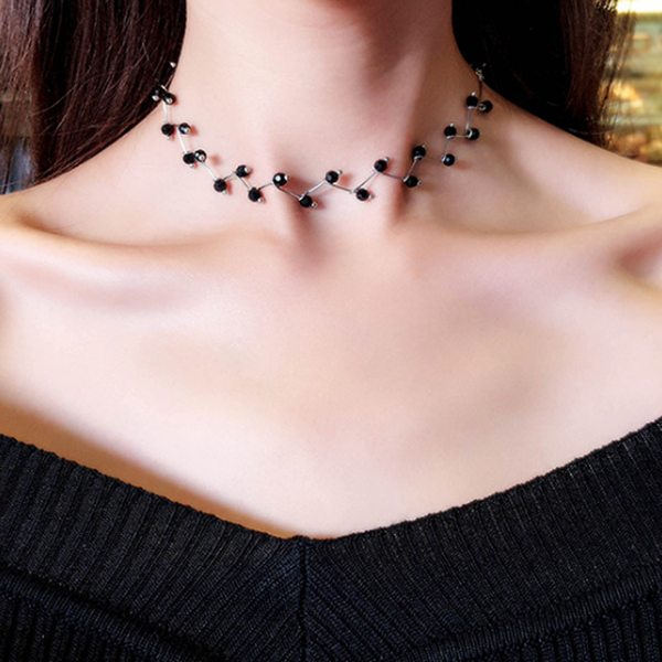 

black gem stone charm chokers necklace for women simulated pearl beaded necklace collares party boho jewelry accessories, Silver