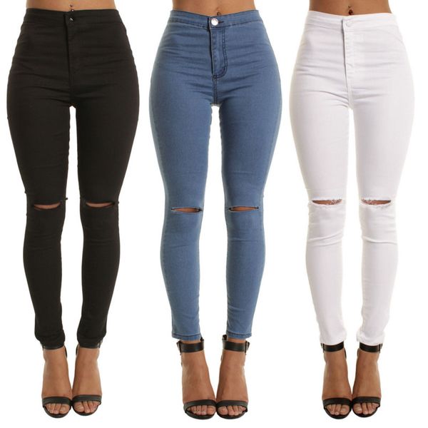 

2020 selling stretch jeans are thin knee hole small feet pants women trousers, Blue