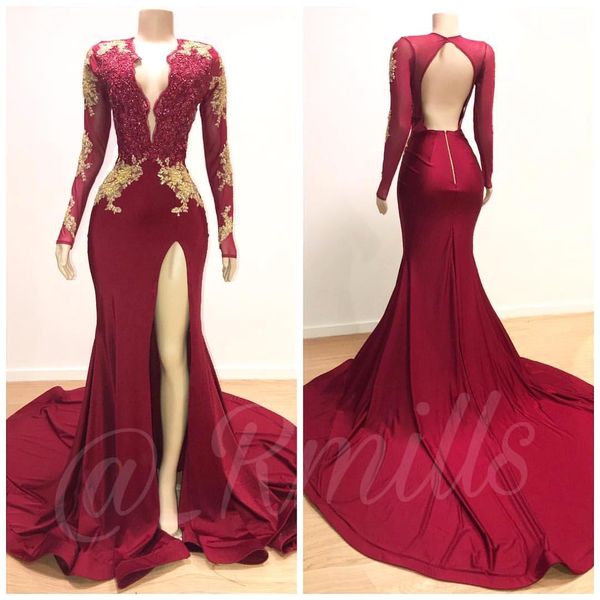 

2019 burgundy lace mermaid long prom dre e long leeve lace gold applique open back ide plit formal party evening dre e