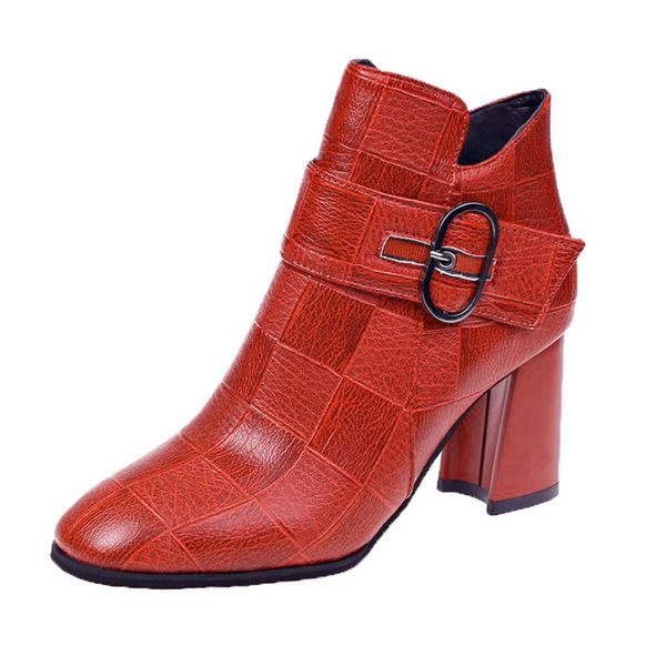 

women's side zipper ankle bare boots square heel casual short tube booties female leather botas mujer platform waterproof shoes, Black