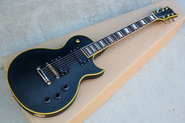 

factory custom rosewood fingerboard black electric guitar with active circuit,golden hardware,yellow body binding,can be customized