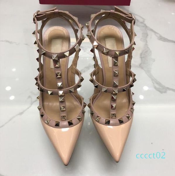

2020 designer pointed with studs high heels 8cm 10cm patent leather rivets sandals women studded strappy dress party office wedding ct2, Black