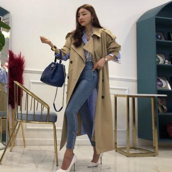 

striped patchwork windbreaker for women long sleeve lace up trench coat female 2019 autumn oversized dc601, Tan;black