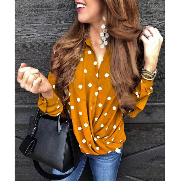 

polka dot suit collar button shirt 2019 autumn plus size women casual blouses, White