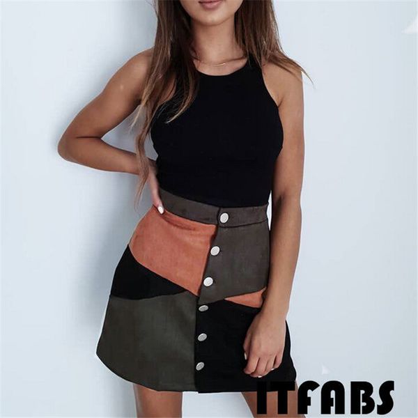 

autumn winter casual color patchwork skirt women elegant zipper mini a-line skirt lady skinny high waist skirts, Black