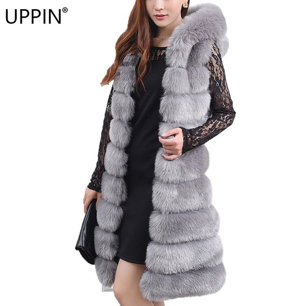 

uppin winter fur coats women long hooded faux fur vests soft warm outerwear waistcoat fake vest new jacket coat women, Black