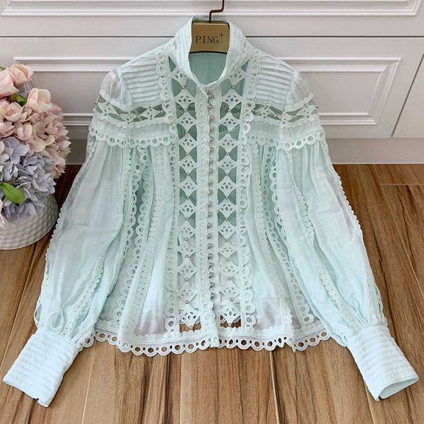 

runwaybox 2019 summer runway designer blouse women's high end elegant shirt stand collar lantern sleeve hollow out, White
