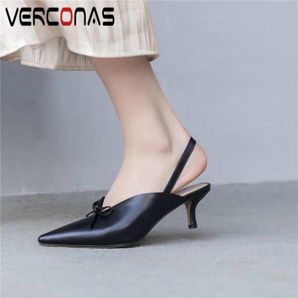 

verconas 2020 sweet woman sandals woman pumps genuine leather new arrival butterfly-knot pointed toe thin high heels shoes, Black