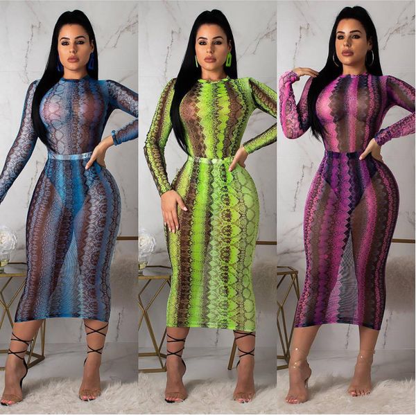 

women's european and american long dress snakeskin net printing long sleeve bag hip 3-color dress 8185, Black;gray