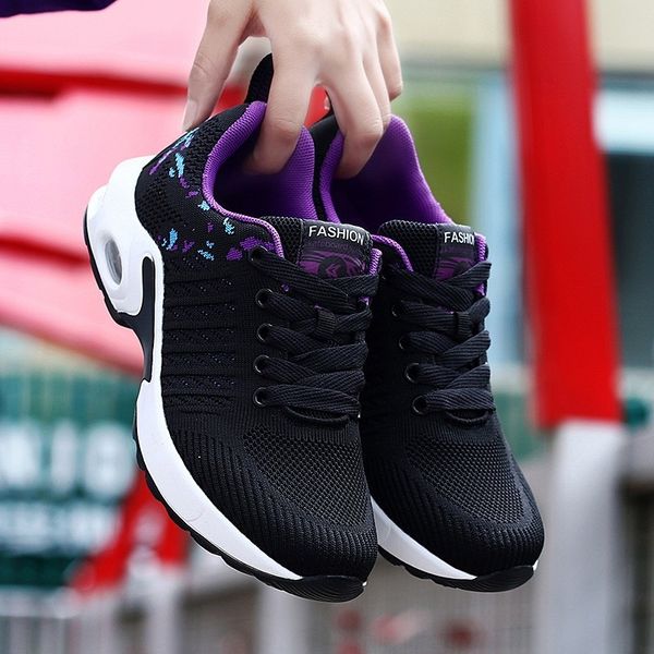 

women sneakers flying woven air cushion shoes woman zapatos mujer outdoor sport running lace leather skin walking female boots, Black
