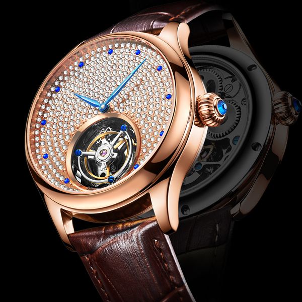 

100% real mechanical hand wind sapphire mens watches full rhinestone men rose gold relogio masculino, Slivery;brown