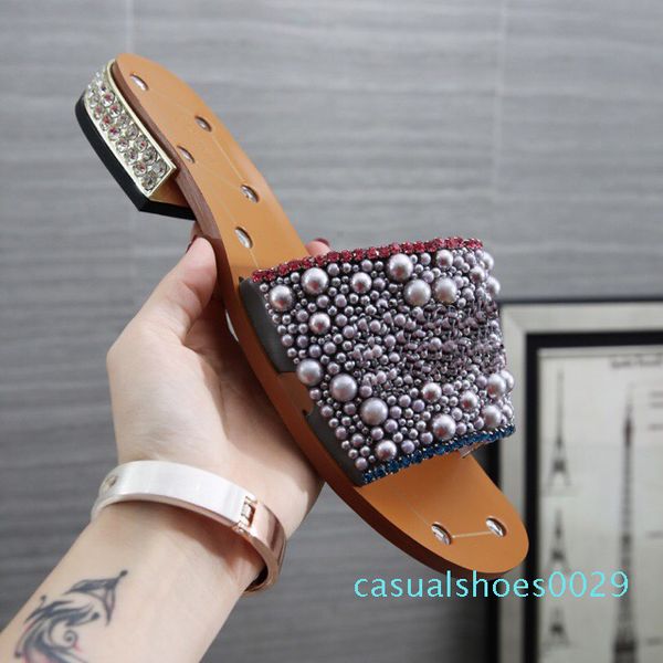 

women's rhinestone low-heel slippers black pearl designer work summer women's sandals dress shoes classic trend fashion big 43 c29