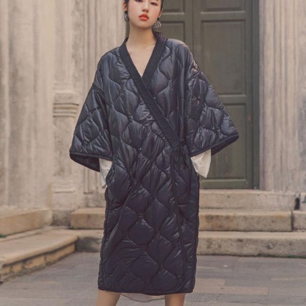 

winter japanese style kimono bandage robe loose long cotton padded jacket winter warm long coat, Black