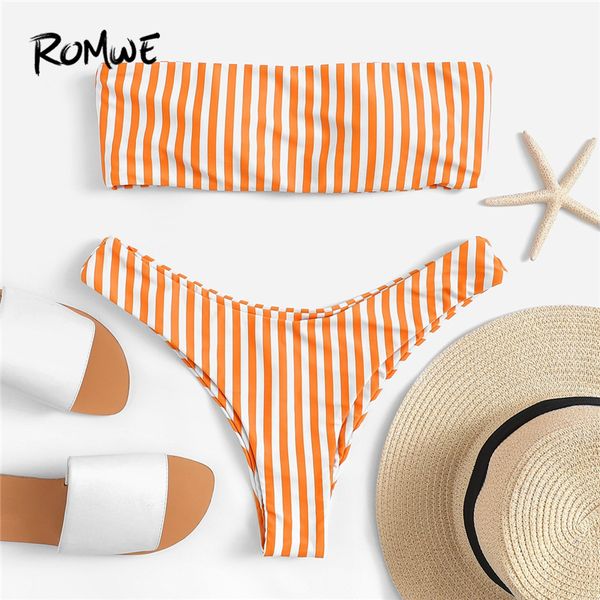 

sport orange striped bandeau wire bikini set with high waist bottoms women 2019 summer padded beach swimwear, White;black