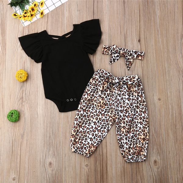 

summer baby girl kids clothes black short-sleeved +panther-print trousers+bows headband 3piece set kids designer clothes girls jy472, White