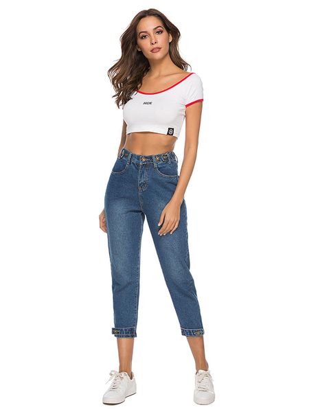 

2019 new jean woman mom jeans pants boyfriend jeans for women with high waist push up large size ladies denim summer, Blue
