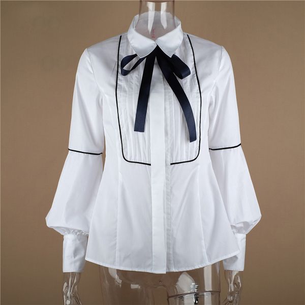 

fashion women long lantern sleeve plus size autumn bow long sleeves loose sleeve blouse ladies women's shirt blouses top, White