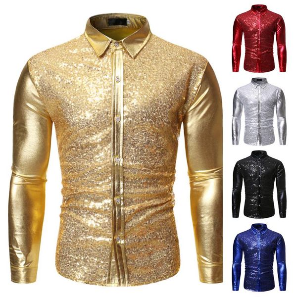 

helisopus fashion men shirt long sleeve tuxedo shirts polyester shiny button nightclub dance shirt solid turn-down collar, White;black