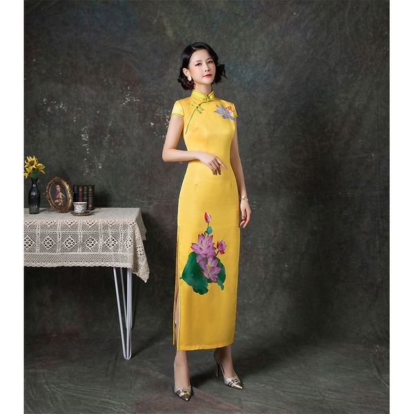 

sheng coco women plus size yellow qipao 2020 cheongsam rayon dresses double-deck long flower printing clothing, Red