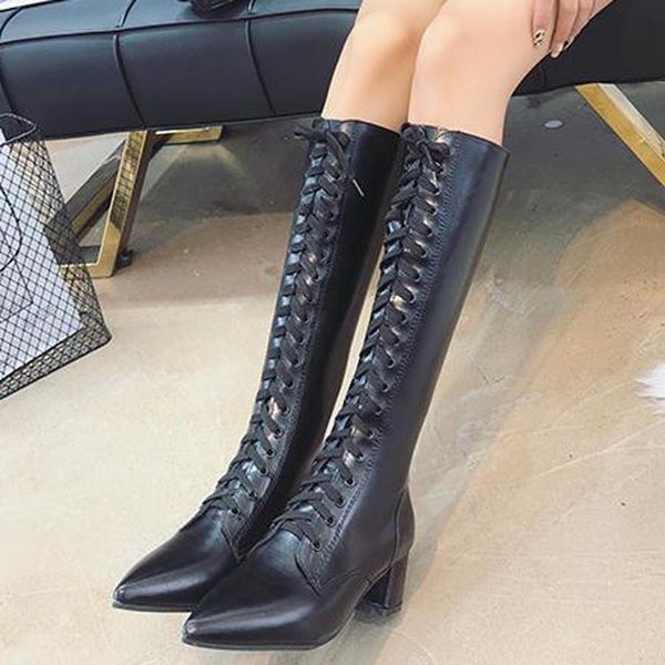 

knight boots women british style thick heel knee high winter shoes women fashion lace-up casual pointed toe head boots, Black