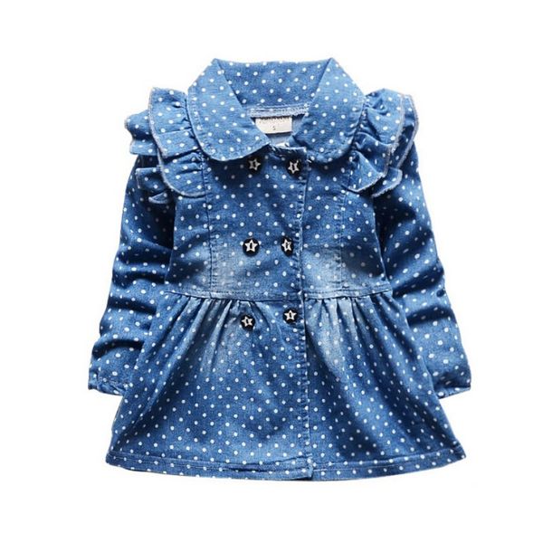 

lovely baby kid girls vintga denim ruffled long sleeve skirt dots princess coat wrap coat m2, Blue;gray