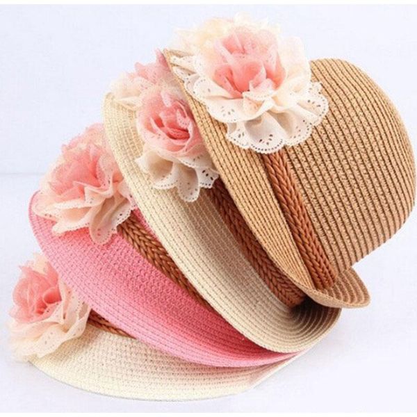 

2020 new summer kids floral straw hats fedora hat children visor beach sun baby girls sunhat wide brim floppy panama for girl, Yellow