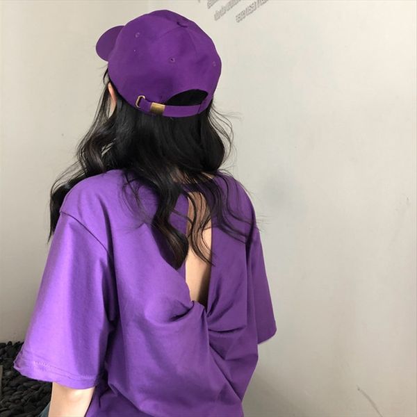 

summer dress women's loose versatile machine short sleeve purple t-shirt backless half sleeve t-shirt top, White