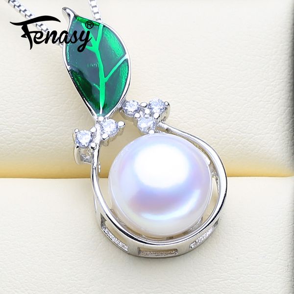 

fenasy 925 sterling silver necklaces for women bohemian trendy green leaf pendant necklace with 10-11mm big size pearl