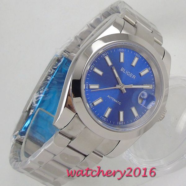 

39mm bliger blue dial polished steel case sapphire glass date automatic movement men's watch, Slivery;brown